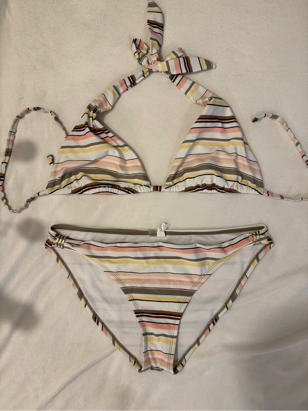 White House Black Market Striped Halter Bikini in White, Pink, Yellow, and Brown